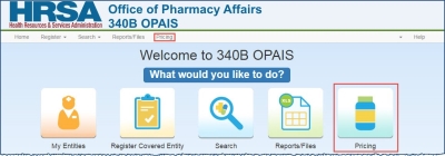 Pricing tab of 340B OPAIS homepage highlighted