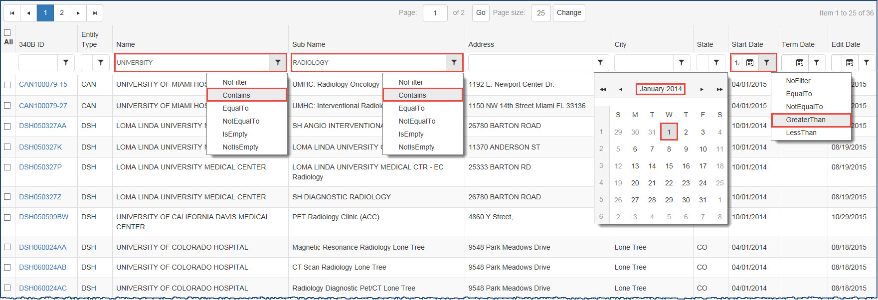 Filtering example - Univerity-affiliated Radiology clinics with a participation date later than January 1, 2014 Filtering example - Univerity-affiliated Radiology clinics with a participation date later than January 1, 2014